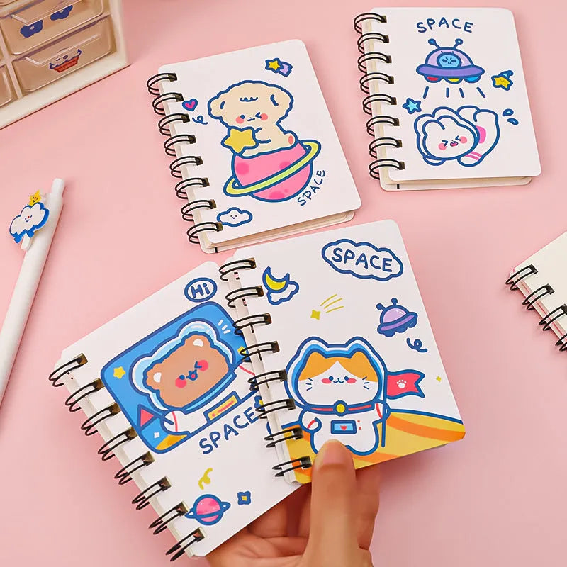 Astronaut series pocket flipper notebook showing 10.5x8cm size and themed cover options.