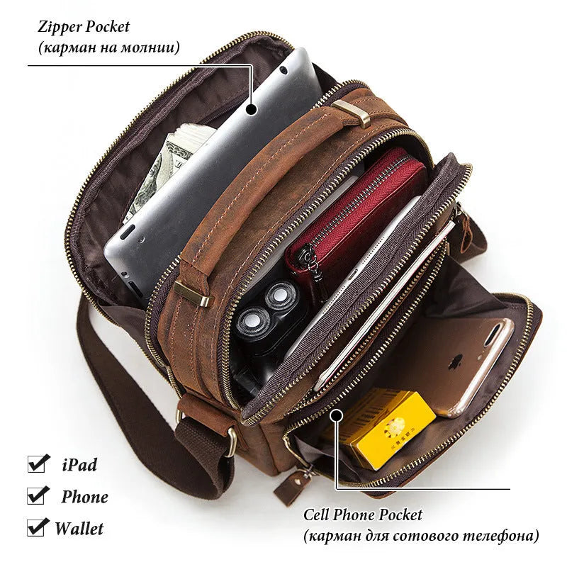 Men's brown crazy horse leather single-shoulder crossbody bag with sewing line detailing