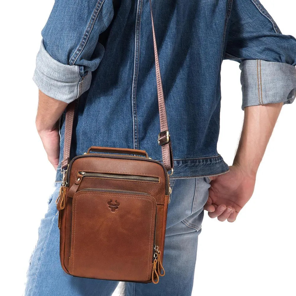 Men's brown crazy horse leather single-shoulder crossbody bag with sewing line detailing