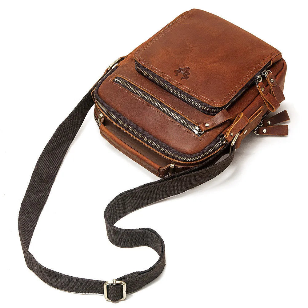 Men's brown crazy horse leather single-shoulder crossbody bag with sewing line detailing
