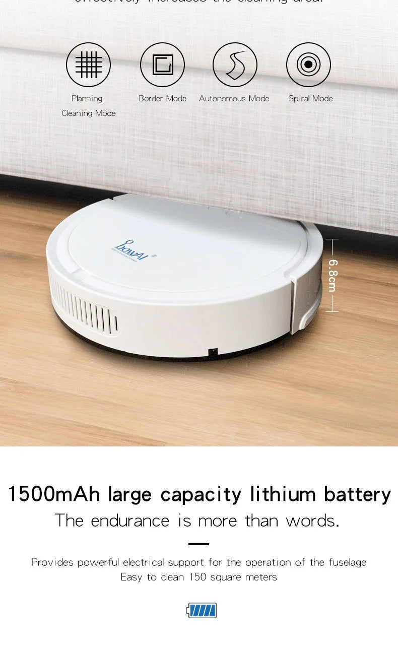 Black robot vacuum cleaner with slim 6.8cm profile on a hard floor, 1500Pa suction