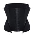 Black zipped neoprene corset body shaper with three-breasted belt and buckle for waist and hip shaping
