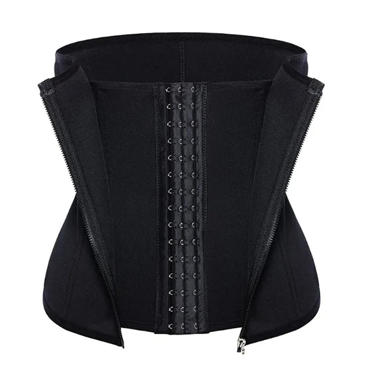 Black zipped neoprene corset body shaper with three-breasted belt and buckle for waist and hip shaping