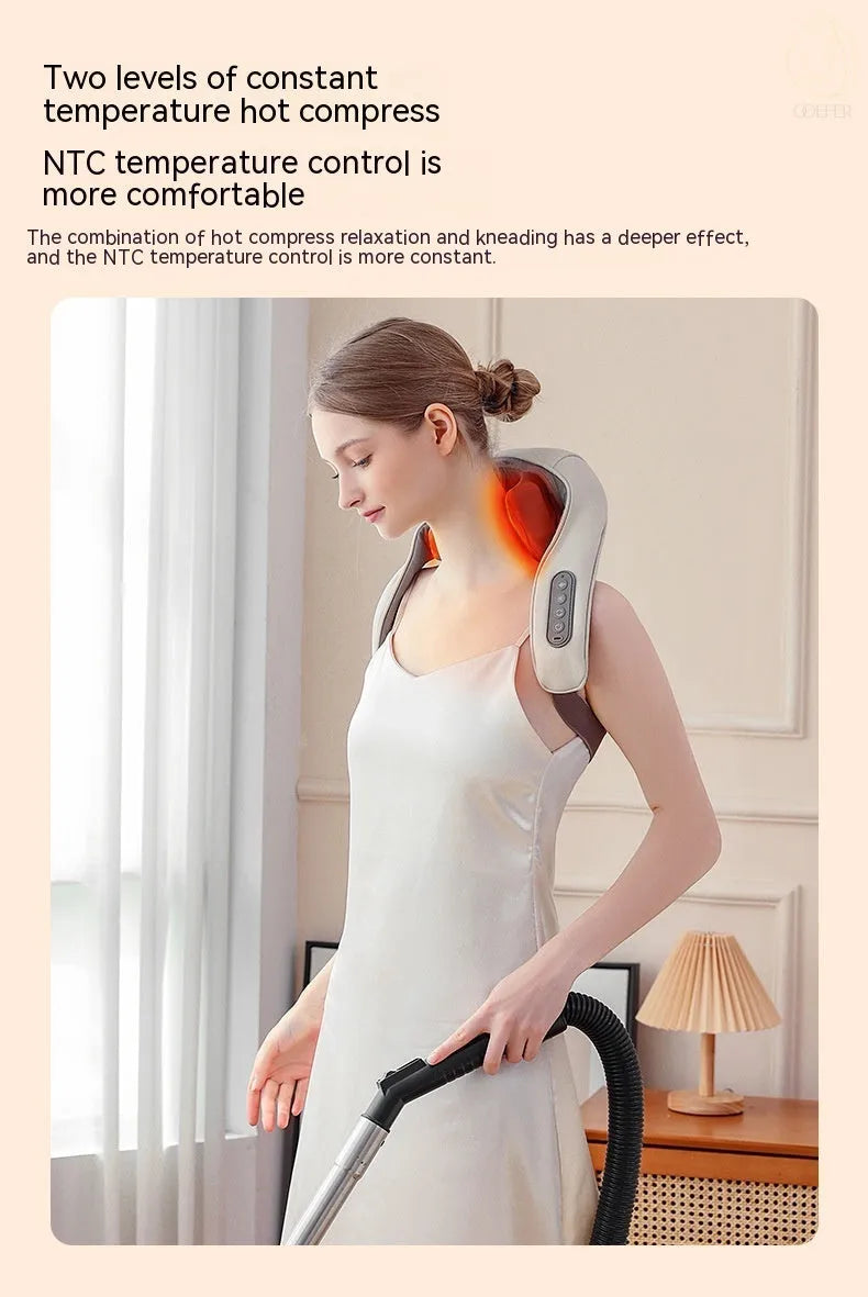 Milky white rechargeable shoulder and neck kneading massager with infrared physiotherapy