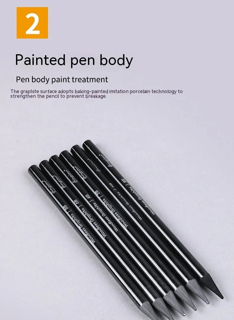 Wooden case containing six graphite pencils and three carbonized pencils for drawing, presented on a white suction card.