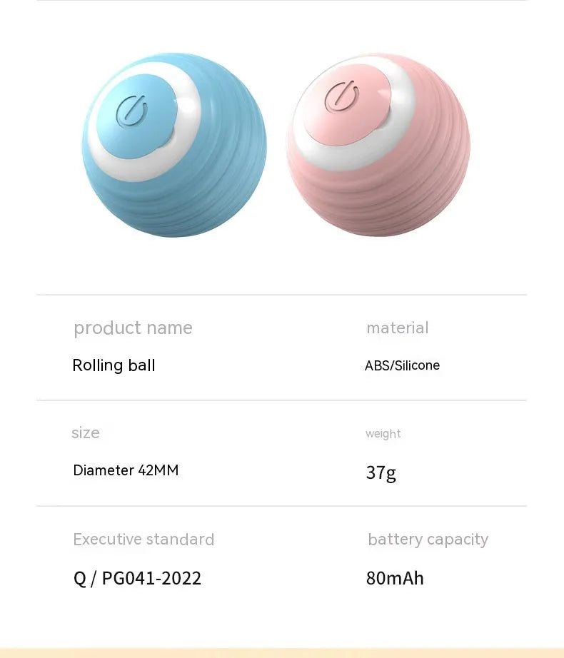 Blue and pink automatic self-moving silicone cat toy ball with charging cable.