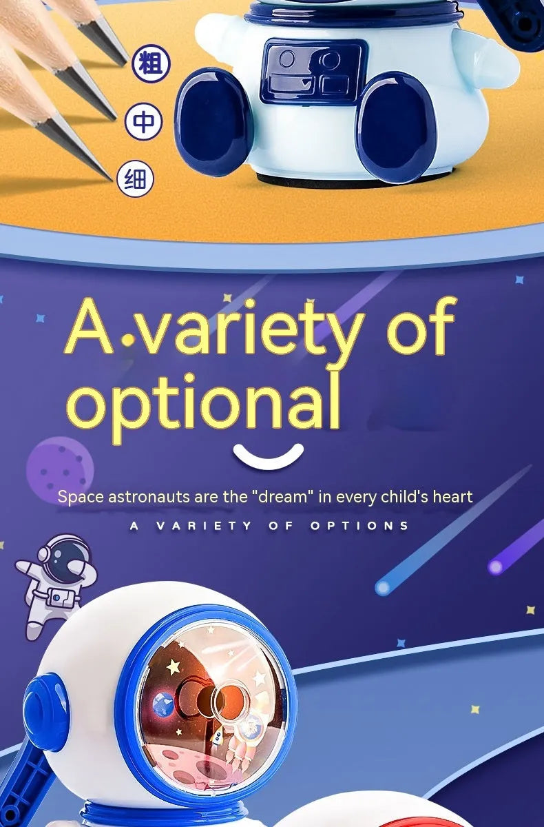 Blue and pink cartoon astronaut manual pencil sharpener with adjustment dial