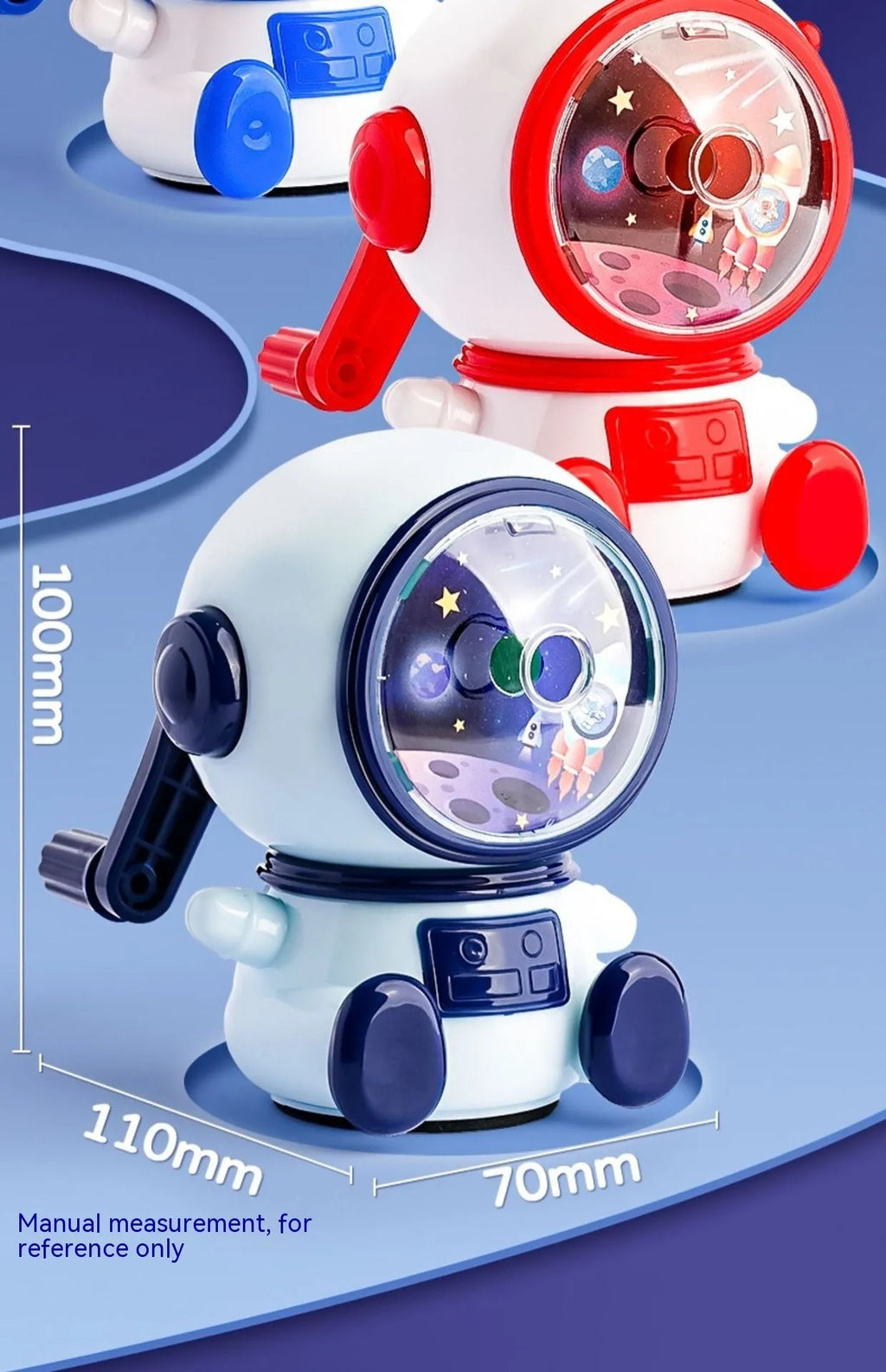 Blue and pink cartoon astronaut manual pencil sharpener with adjustment dial