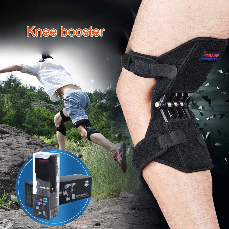 Black adjustable knee brace with patella support and visible booster spring mechanism for sports.