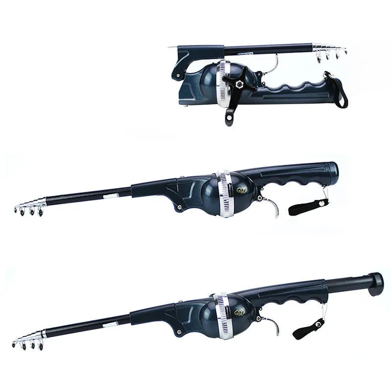Foldable fishing rod in black with built-in reel and 3# line, shown folded to 26.5cm and extended to about 134cm.