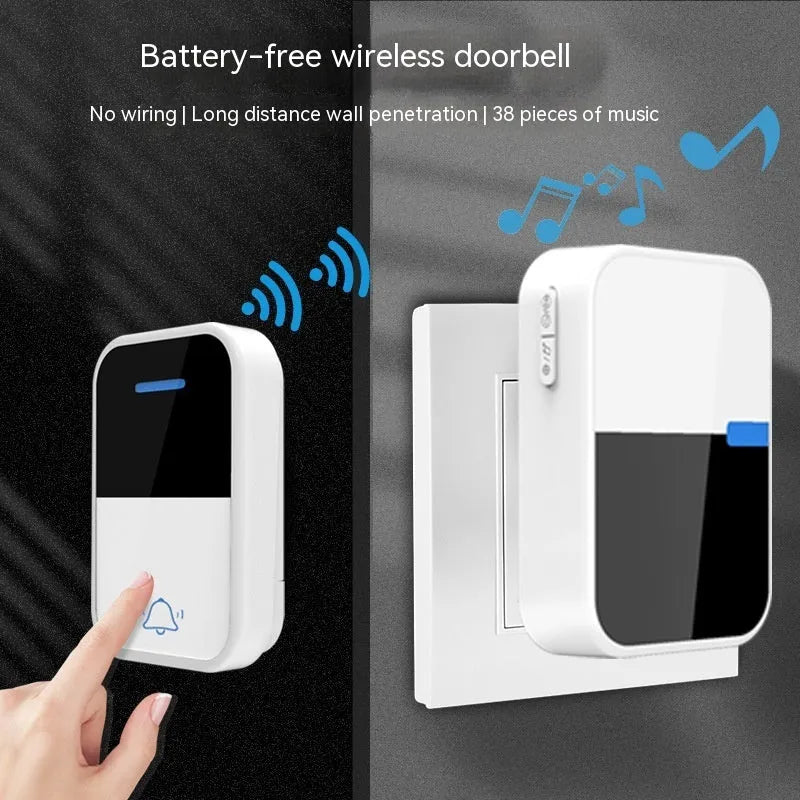 White plastic self-generating wireless doorbell kit with separate button and receiver units.