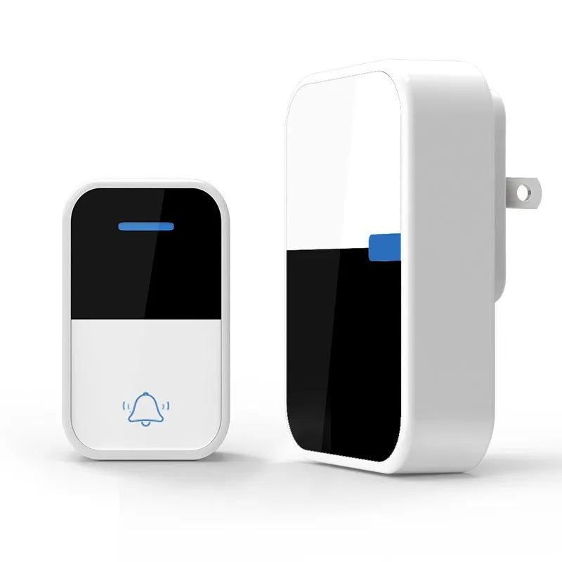 White plastic self-generating wireless doorbell kit with separate button and receiver units.