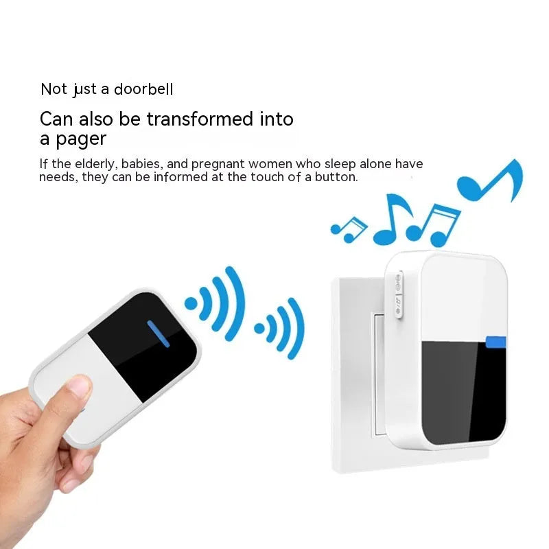White plastic self-generating wireless doorbell kit with separate button and receiver units.