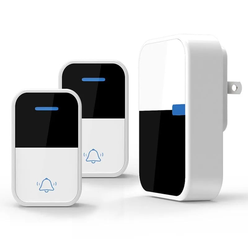 White plastic self-generating wireless doorbell kit with separate button and receiver units.