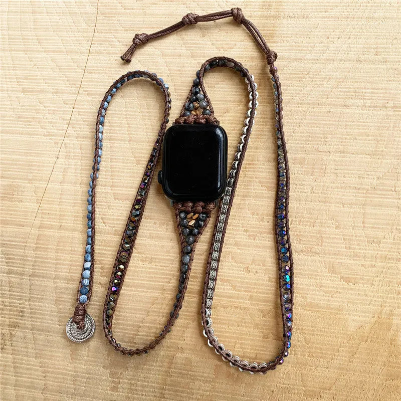 Agate woven bohemian watch band with natural stone beads on textured background, two size options
