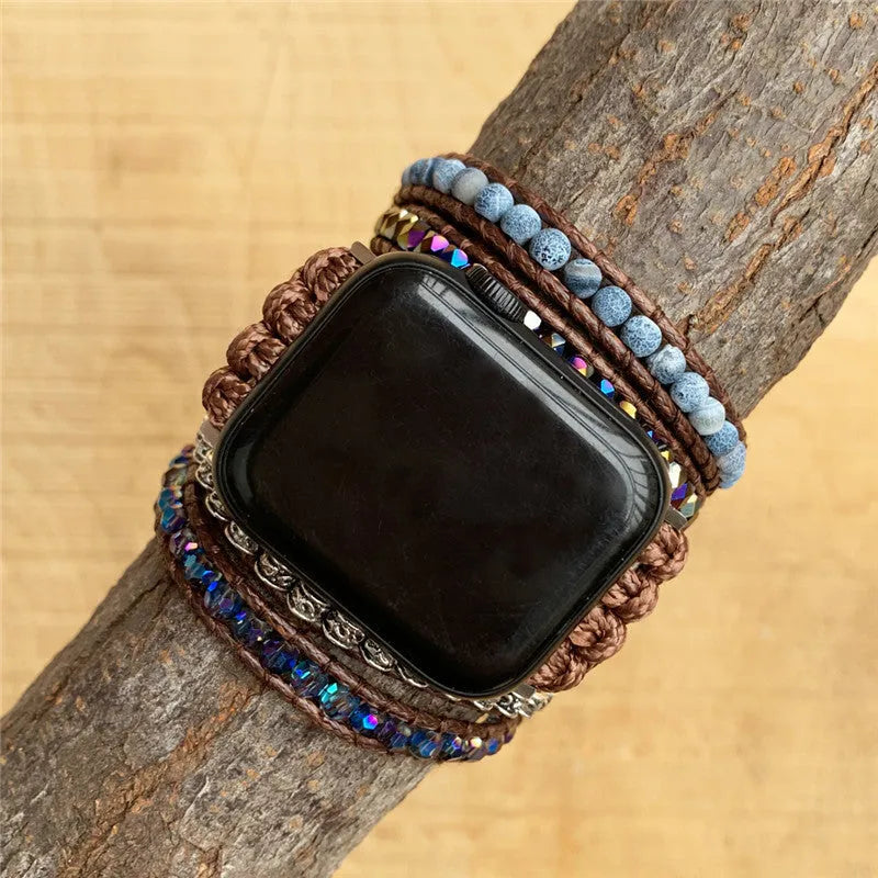 Agate woven bohemian watch band with natural stone beads on textured background, two size options