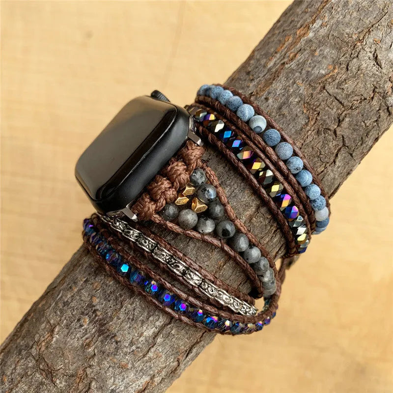 Agate woven bohemian watch band with natural stone beads on textured background, two size options