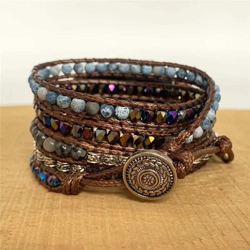 Agate woven bohemian watch band with natural stone beads on textured background, two size options