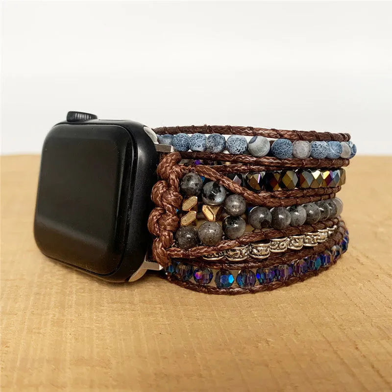 Agate woven bohemian watch band with natural stone beads on textured background, two size options