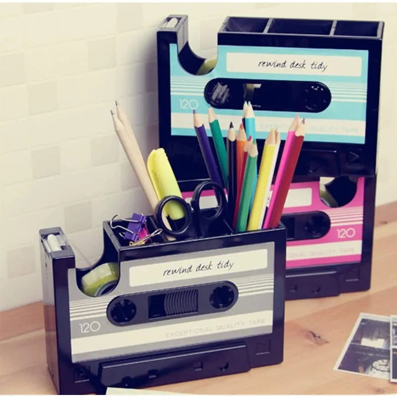Plastic desk storage box pen holder in blue, 17x5x11.5cm, with stationery and phone inside