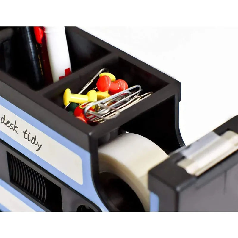 Plastic desk storage box pen holder in blue, 17x5x11.5cm, with stationery and phone inside