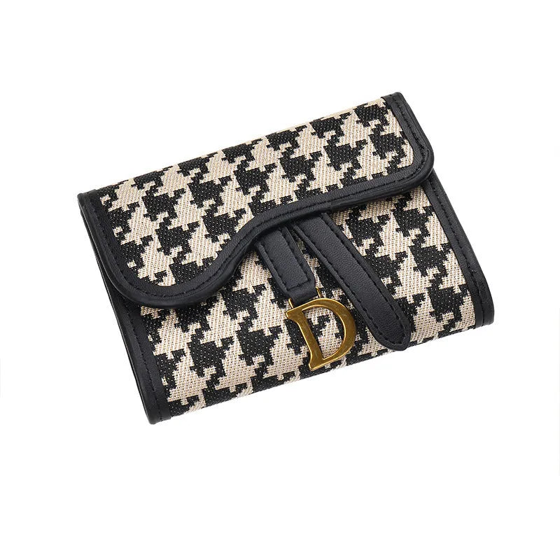 Women's canvas long wallet in houndstooth pattern with letter design, large capacity retro style