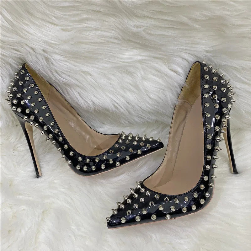 Women's black rivet high heels pointed stiletto low-cut PU shoes with 12CM super high heel and shallow mouth design