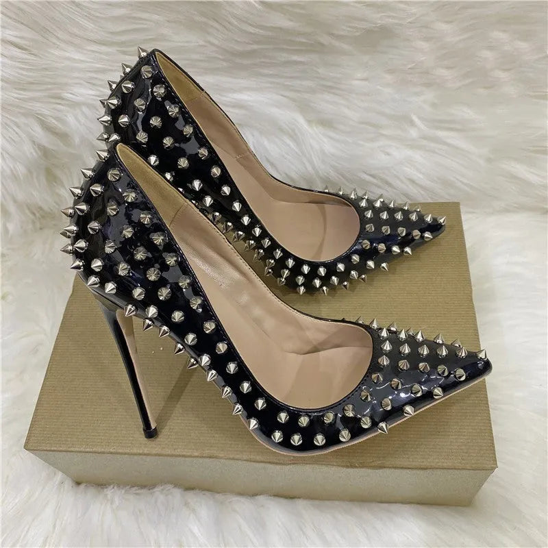 Women's black rivet high heels pointed stiletto low-cut PU shoes with 12CM super high heel and shallow mouth design