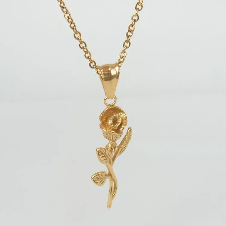Stainless steel gold roses necklace for men with cross pendant and polished chain on display