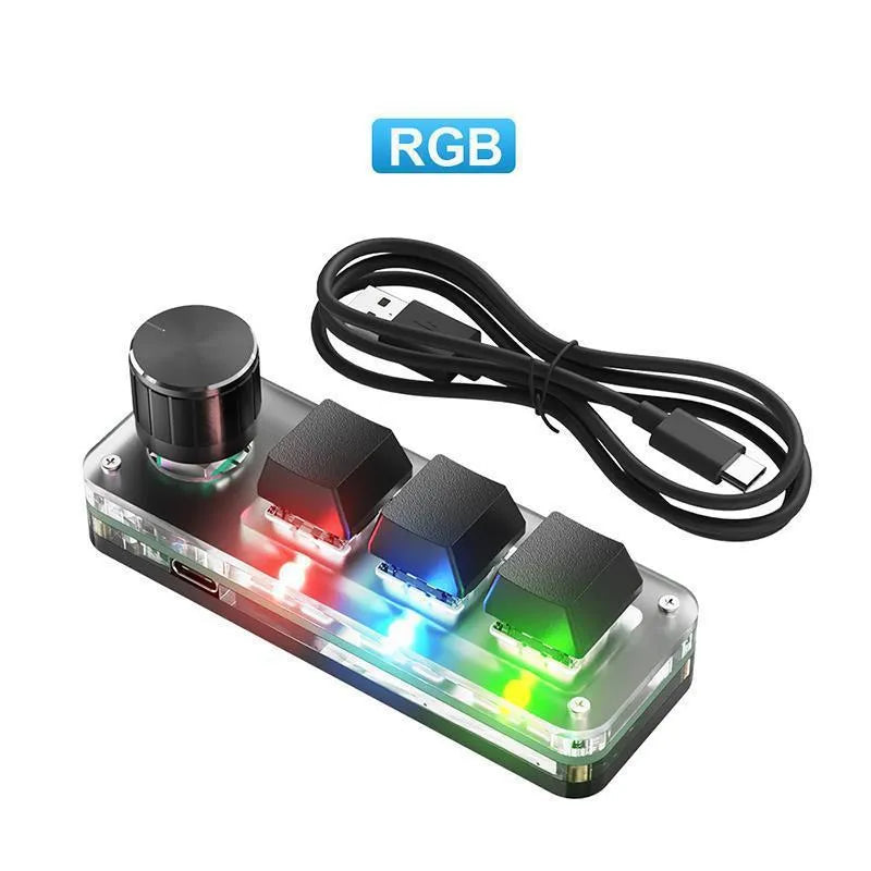 Black and white custom mini keyboard with RGB backlighting for copy and paste shortcuts