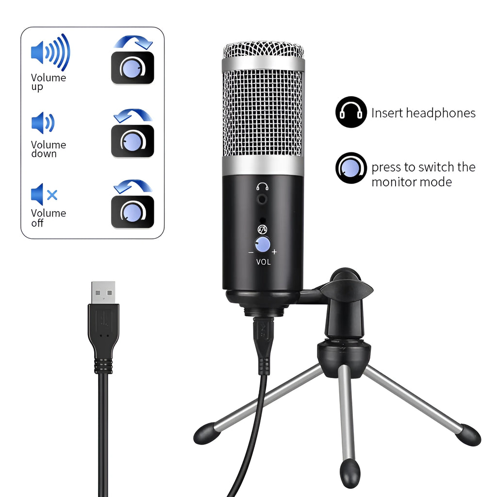 Silver grey computer microphone, 150mm tall and 40mm wide, with 68dB signal-to-noise ratio and omnidirectional pickup