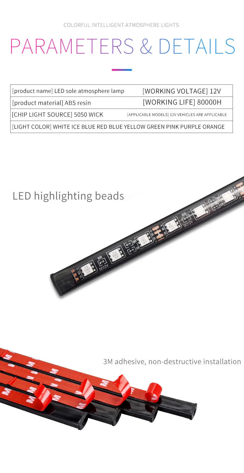 Car interior atmosphere lighting strips with voice control and multiple colour modes
