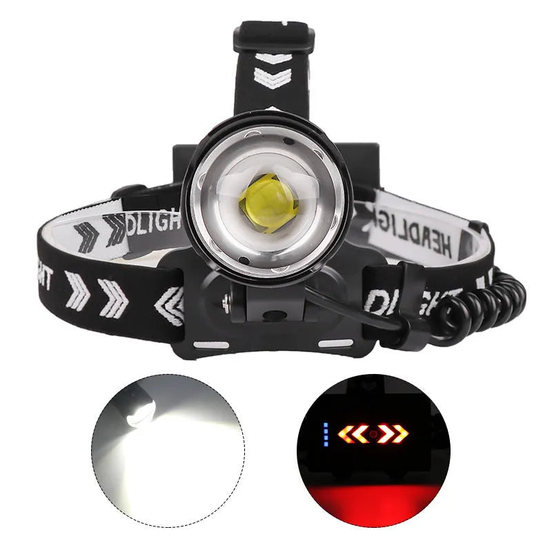 Black aluminium alloy USB rechargeable zoom headlight with telescopic adjustment and power display