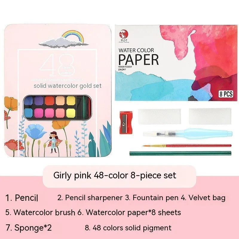 Open box showing 48 solid watercolour paint cakes in various colours including black knight, pink, and blue.