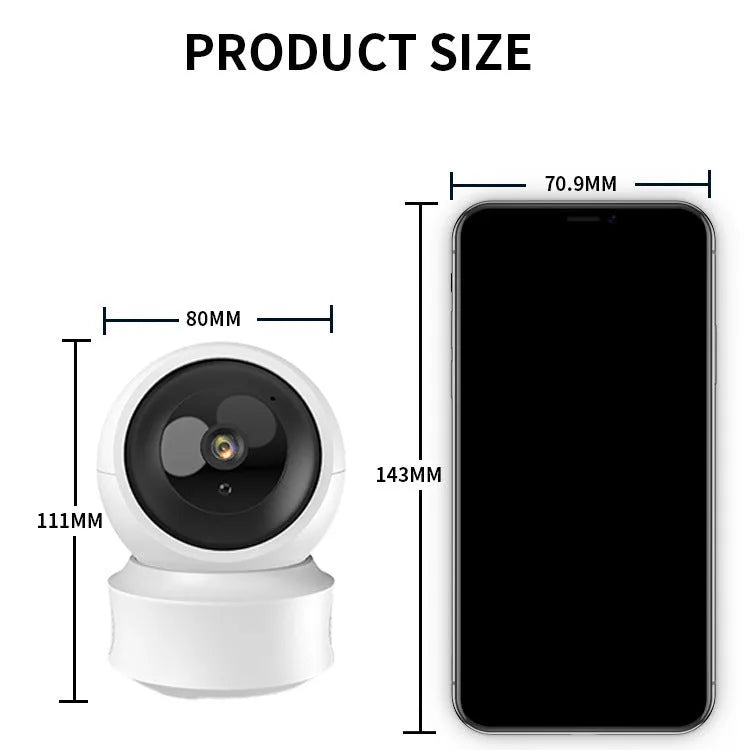 Wireless WiFi indoor surveillance camera with 360-degree panorama, night vision, and voice intercom, 135 x 104 x 98mm