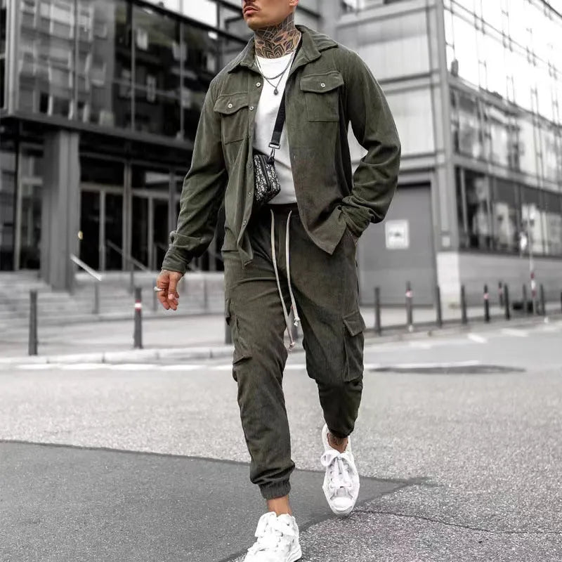 Men's cotton blend fashion casual sports suit in army green with long sleeve jacket and matching trousers for autumn wear