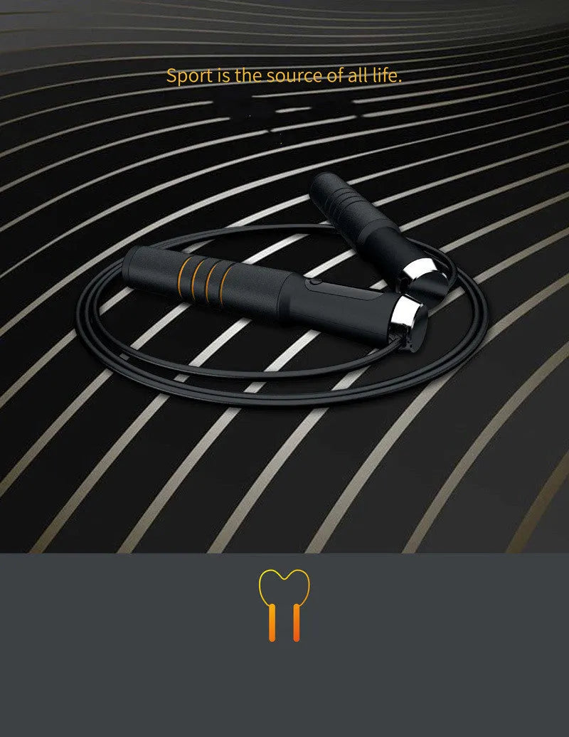 Smart Bluetooth counting skipping rope with LCD display, adjustable 3m PVC rope and black orange ABS stainless steel EVA handles.