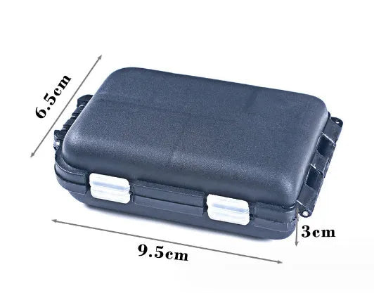 Plastic fishing tackle storage box with 10 compartments in black, blue, or green, dimensions 9.5x6.5x3cm.