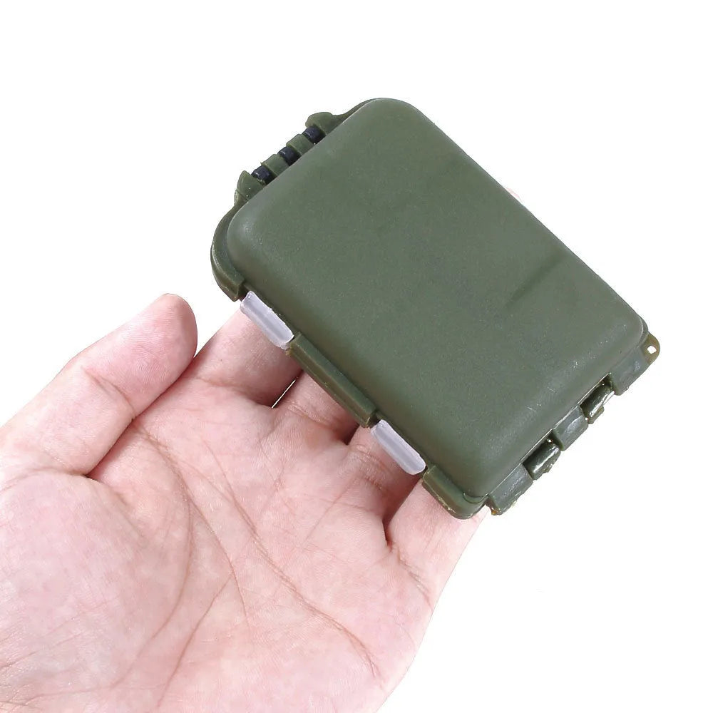 Plastic fishing tackle storage box with 10 compartments in black, blue, or green, dimensions 9.5x6.5x3cm.