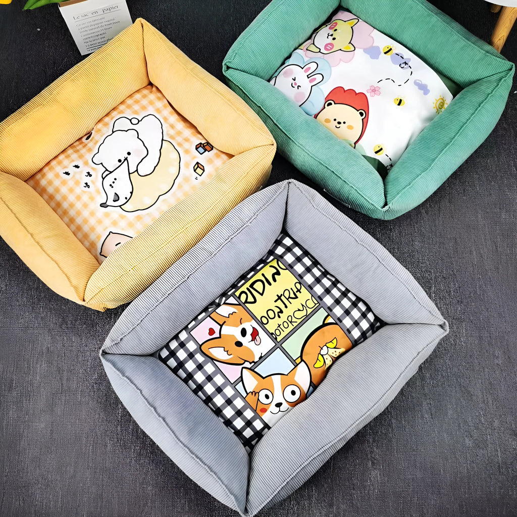Light blue pet nest for dogs and cats on a wooden floor, showing its plush fabric and padded sides.