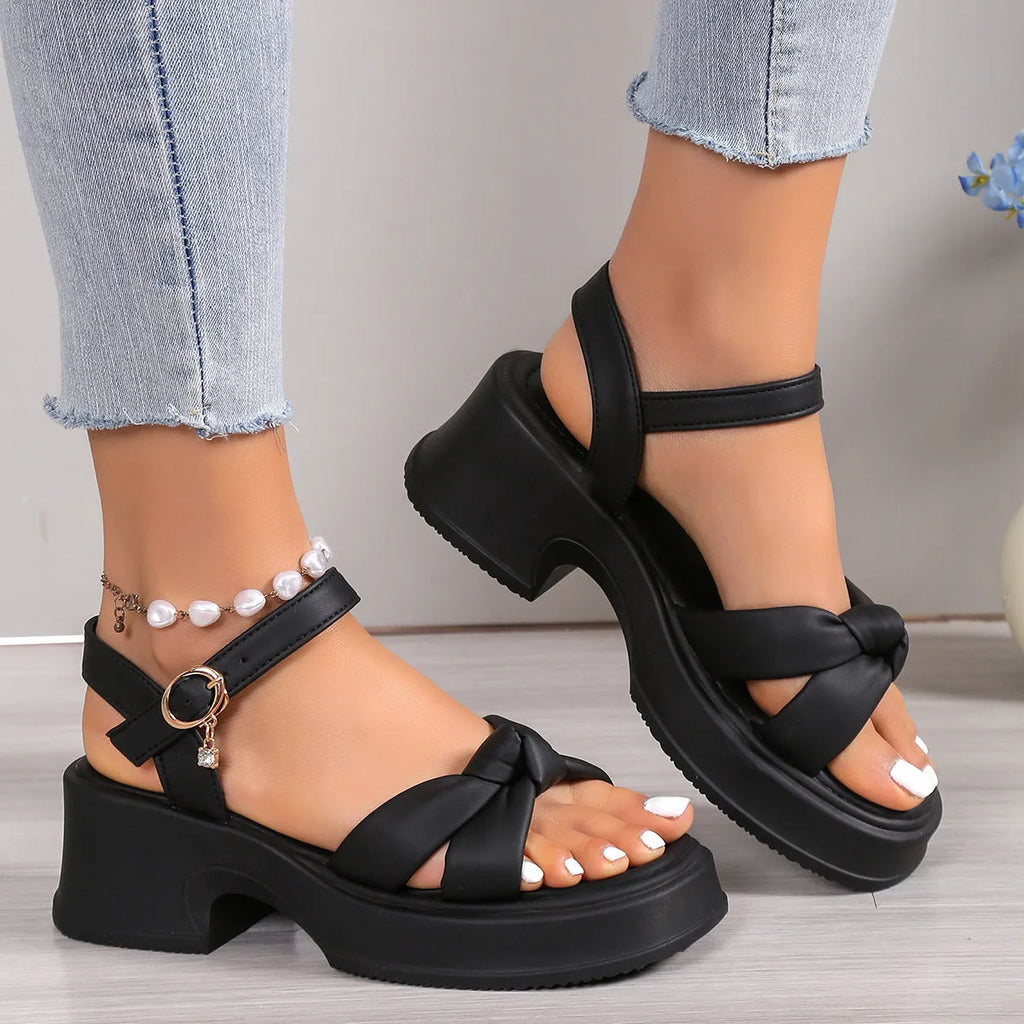 Thick heel black slippers with button fastening and round toe design