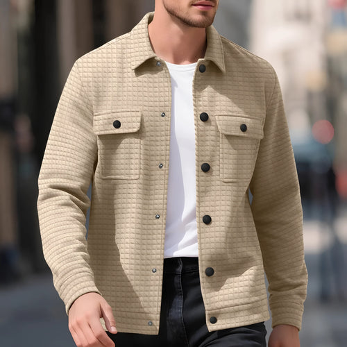 Men's casual jacquard checkered loose knit polyester cardigan shirt in gray, long sleeves, grid pattern