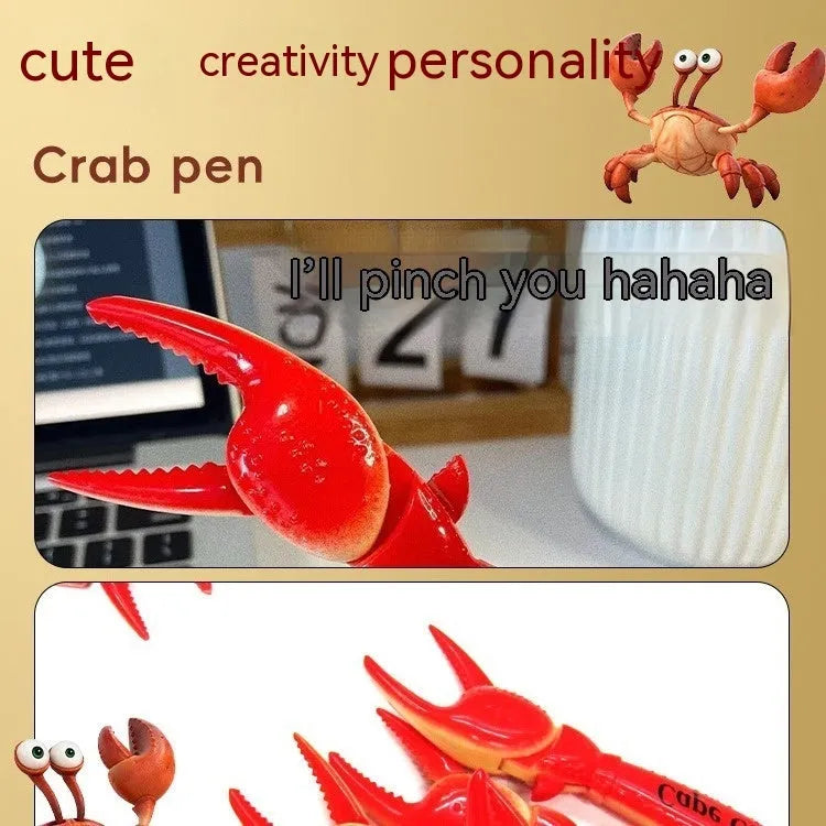 Colourful crab claw ballpoint pen with metal clip shown on a notebook.