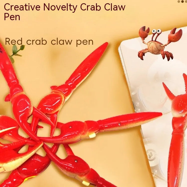 Colourful crab claw ballpoint pen with metal clip shown on a notebook.