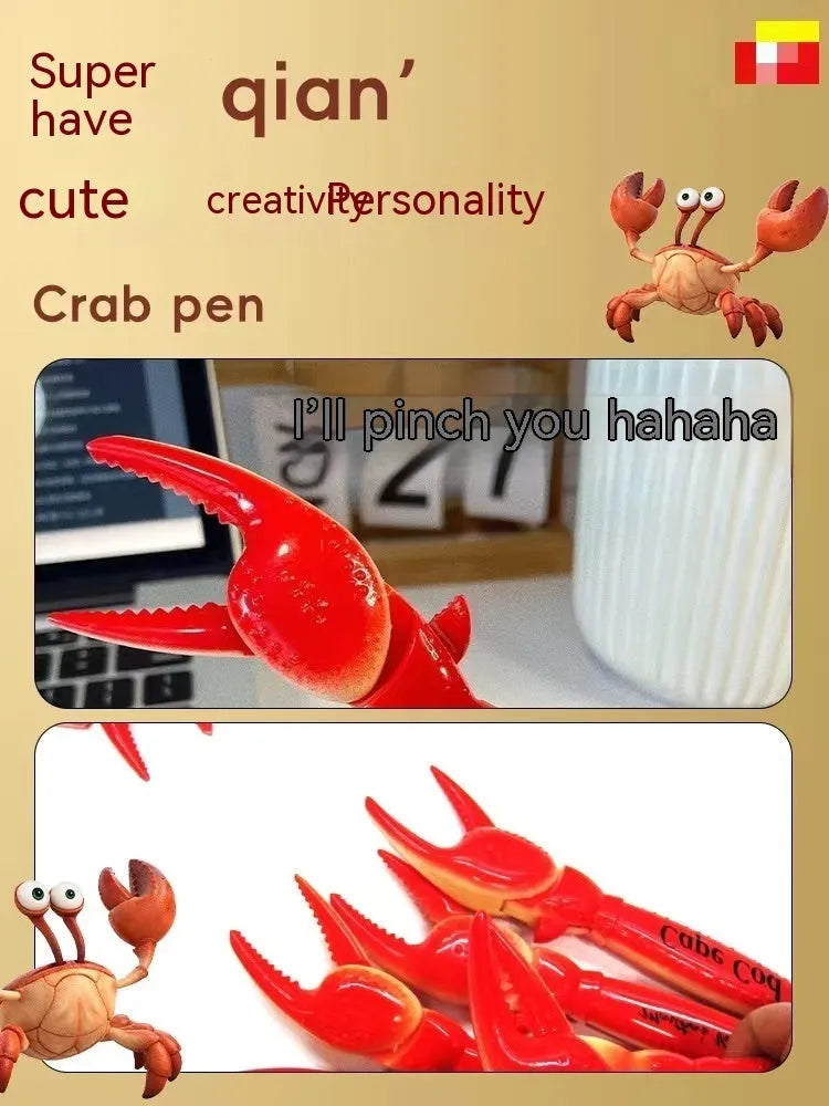 Colourful crab claw ballpoint pen with metal clip shown on a notebook.