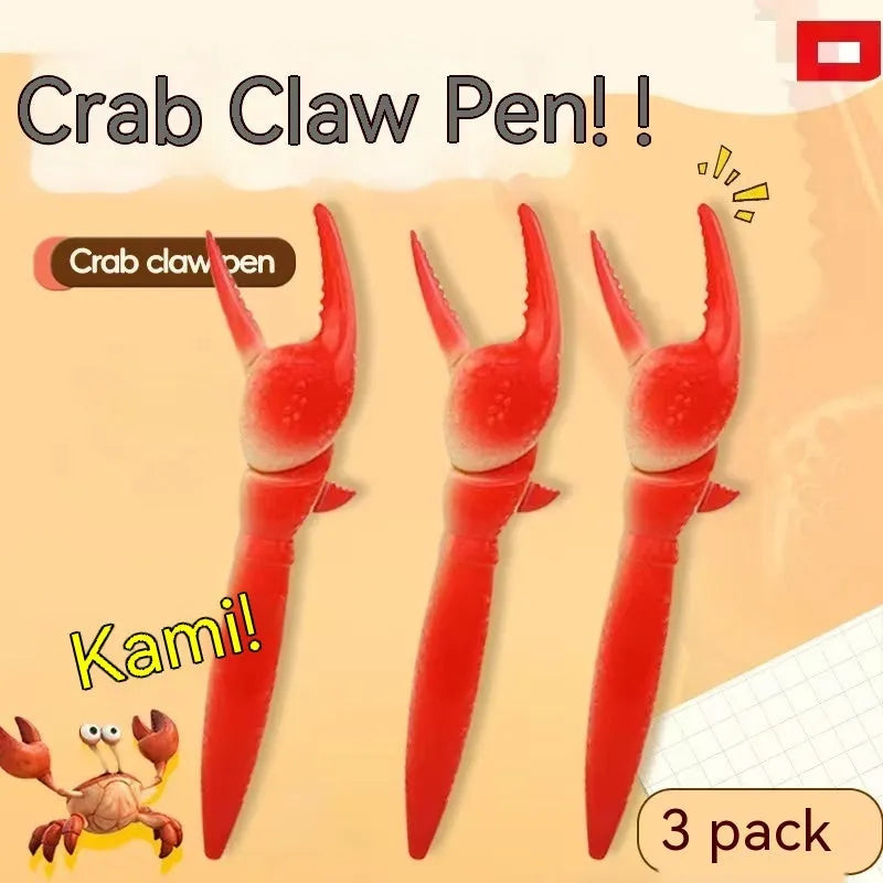 Colourful crab claw ballpoint pen with metal clip shown on a notebook.