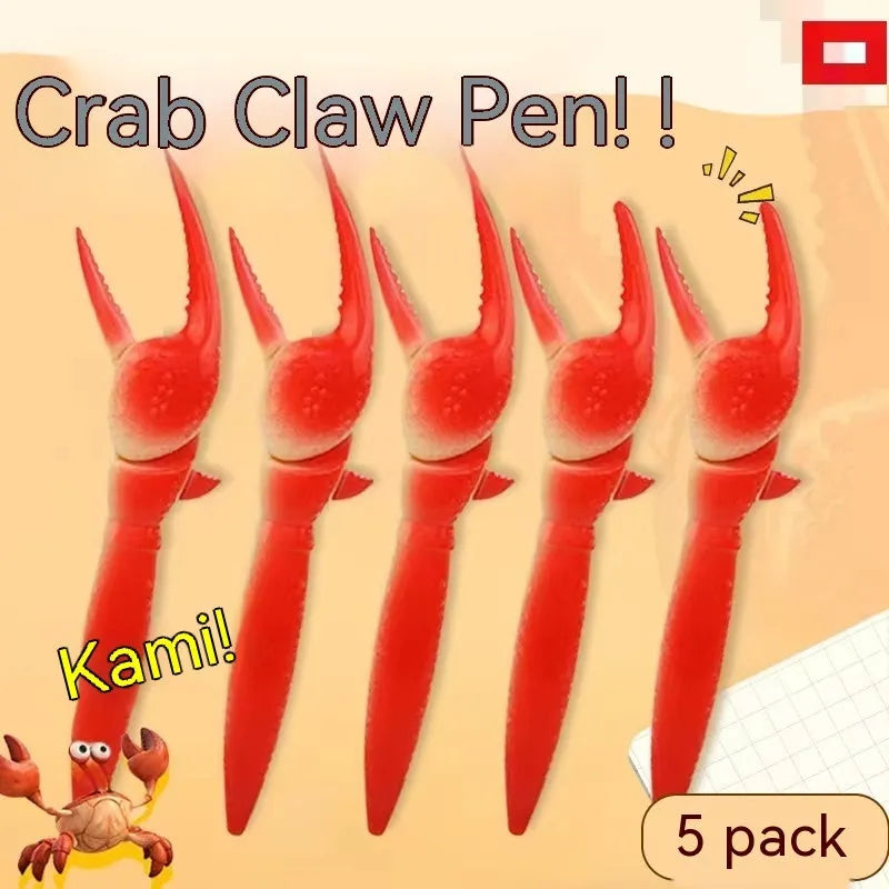 Colourful crab claw ballpoint pen with metal clip shown on a notebook.