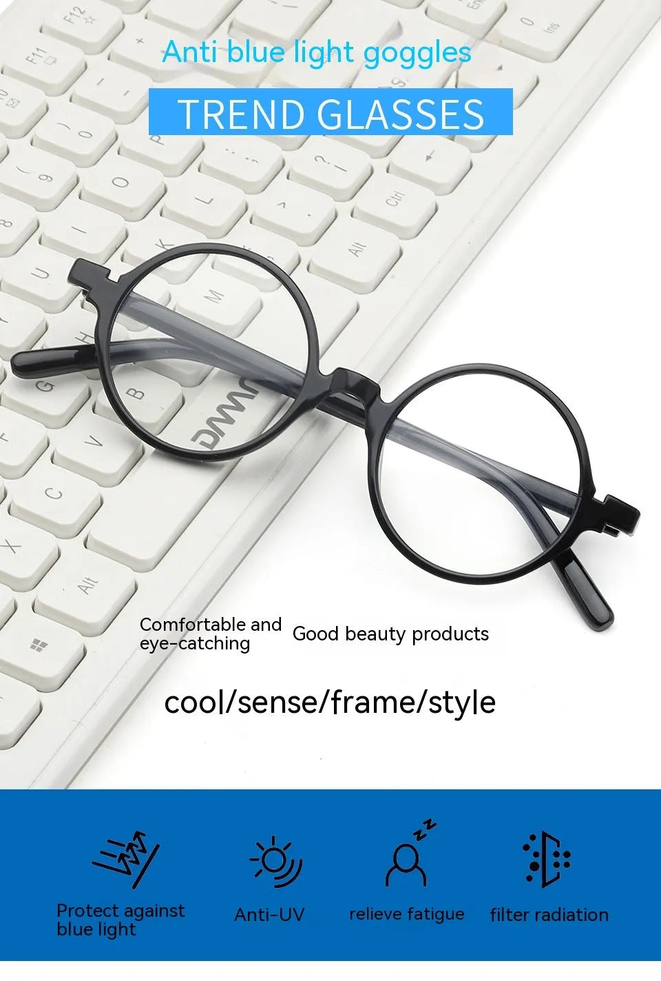 Artistic retro round flat mirror sunglasses with a PC frame in four colour options.
