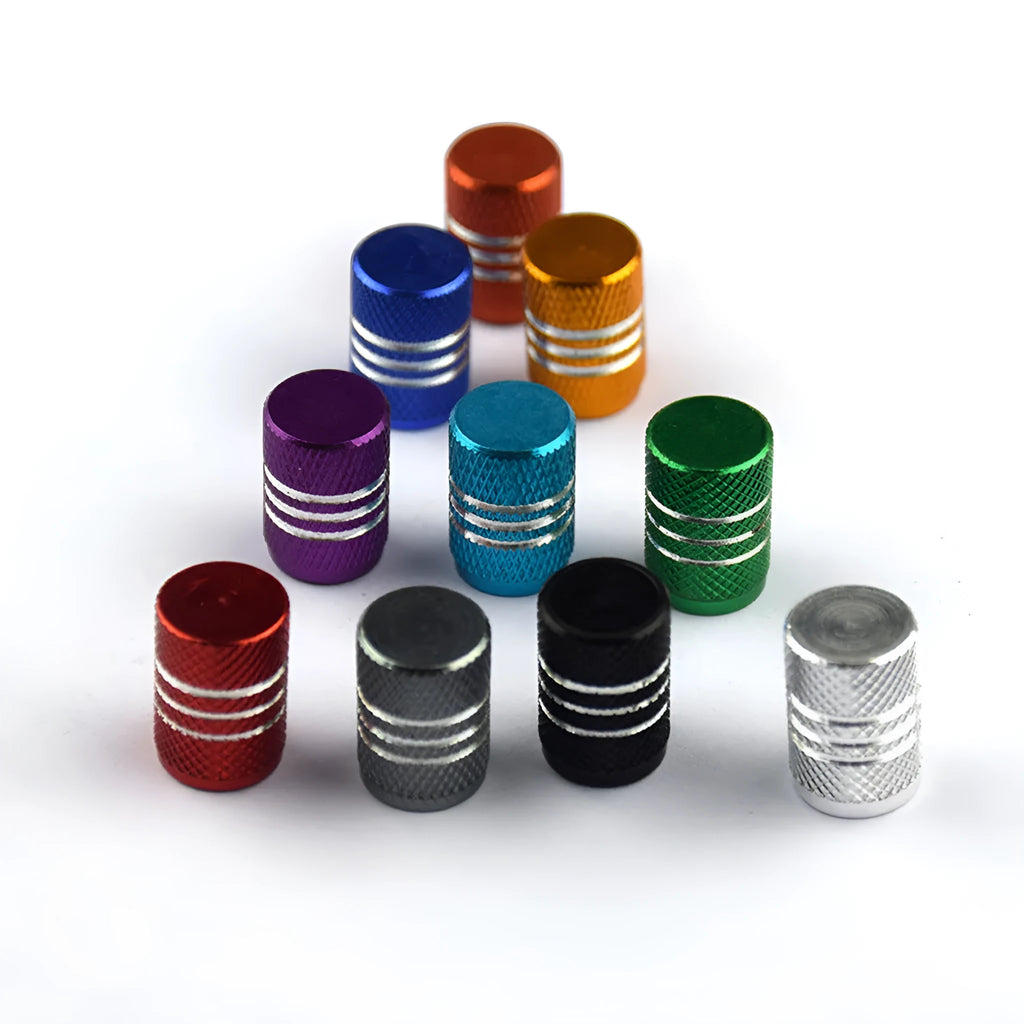 Stainless steel car tyre valve caps in multiple colour options showing black, red, blue and gold variants