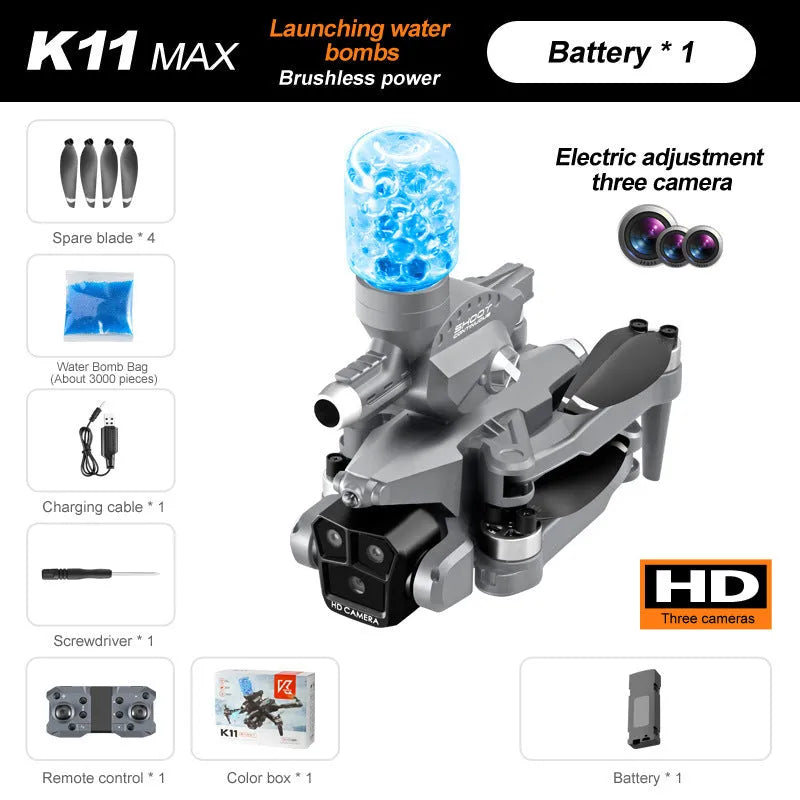 Optical flow three camera four-axis UAV drone in black, carbon fibre or grey, plastic, under 30cm, with brushless motor and water bomb version